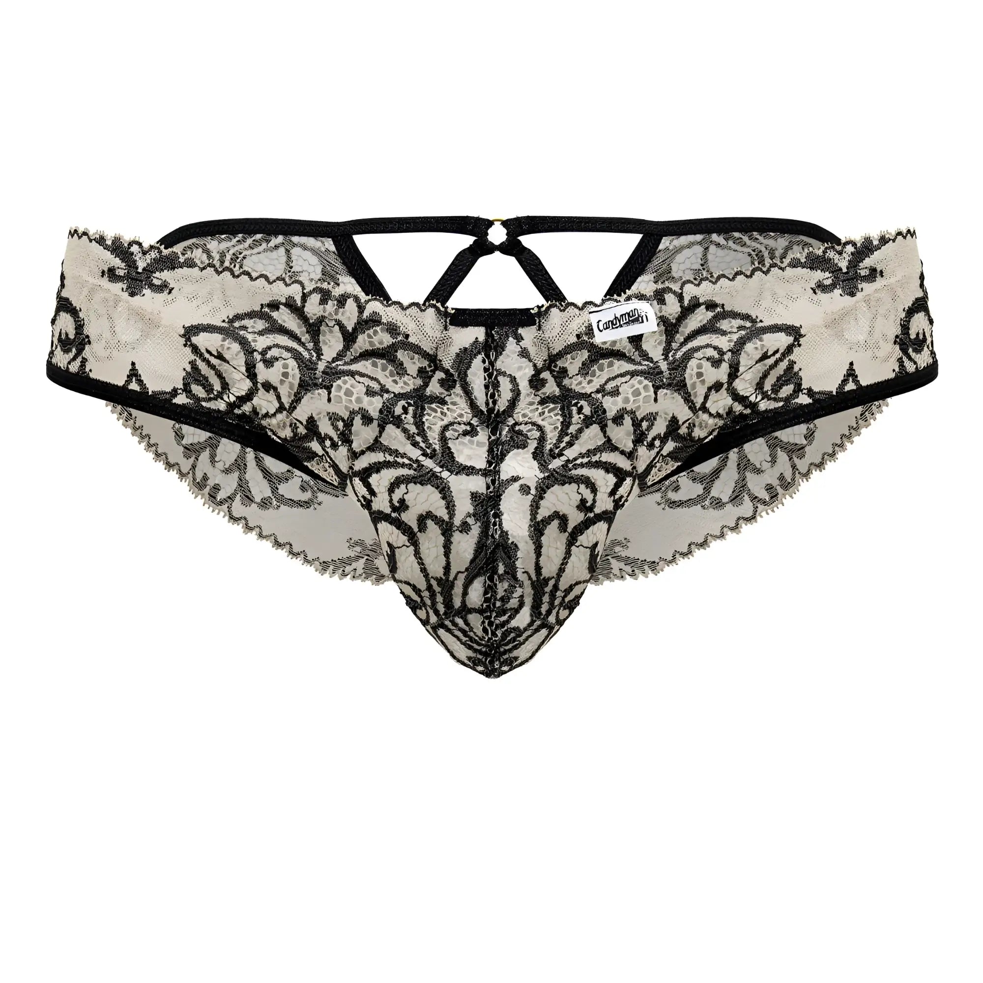 Black and cream lace thong with intricate floral patterns from Candyman 99830 lace briefs in nude-black color