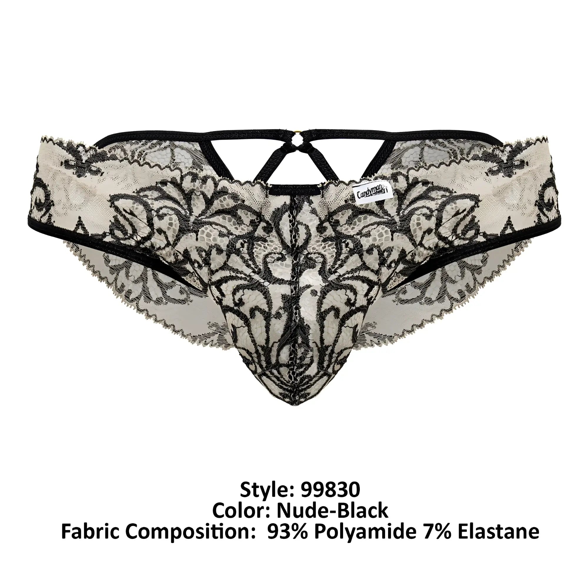 Black and nude lace thong with intricate floral patterns from candyman 99830 lace briefs collection