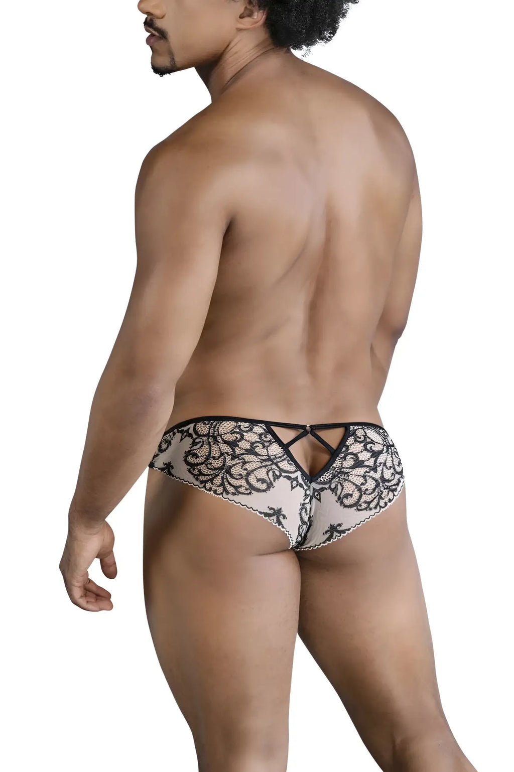 CandyMan 99830 lace briefs black lace thong with intricate floral patterns and back tie design shown from the back side
