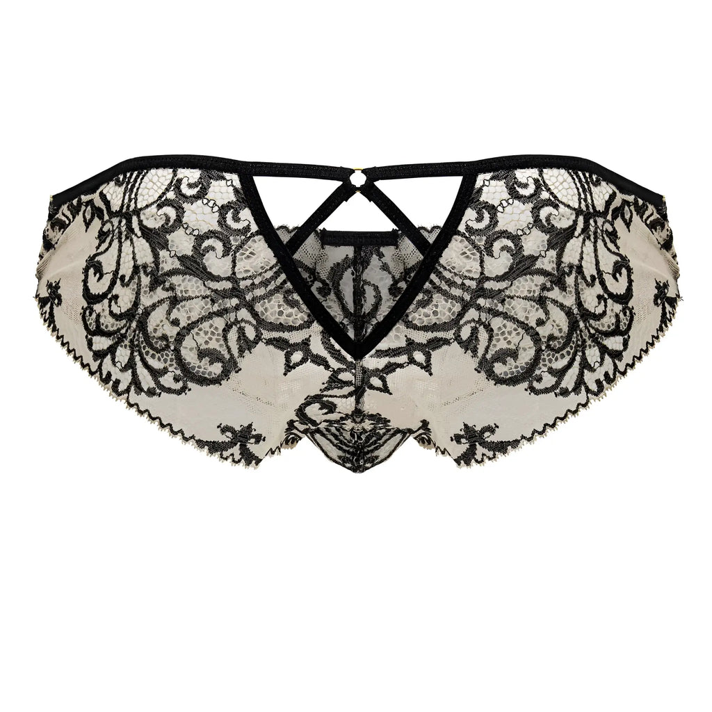 CandyMan 99830 lace briefs in nude black featuring black lace floral patterns on sheer off-white fabric