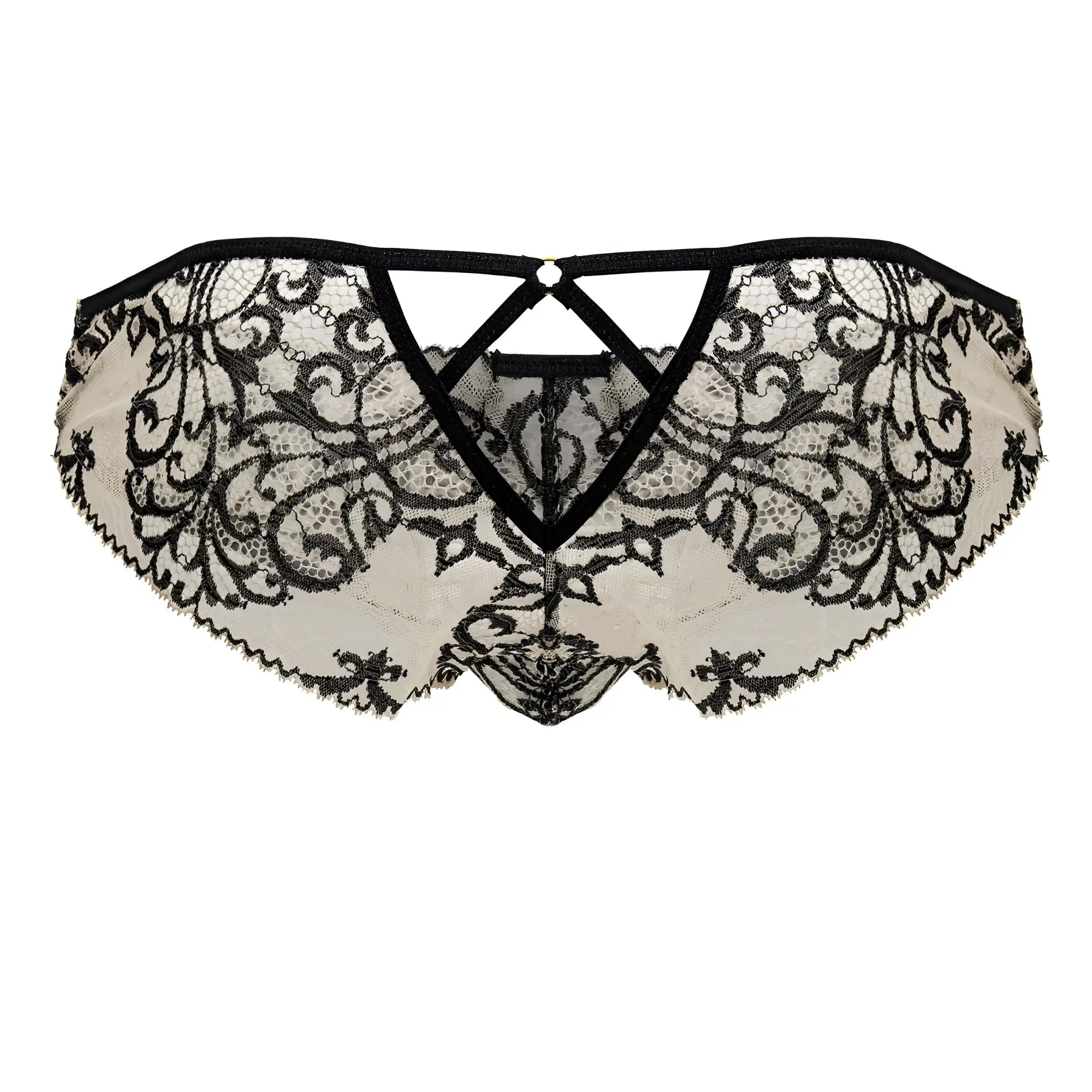 CandyMan 99830 lace briefs in nude black featuring black lace floral patterns on sheer off-white fabric