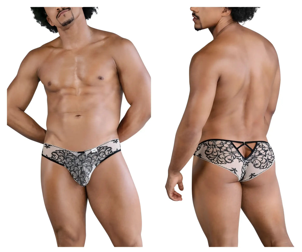 Black and white lace-trimmed candyMan 99830 men’s briefs in nude-black showing decorative back tie design