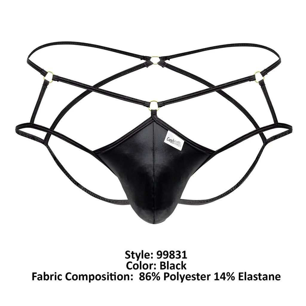 Black leather-like men’s thong jockstrap with crisscrossing elastic straps and central panel candyMan 99831 cage