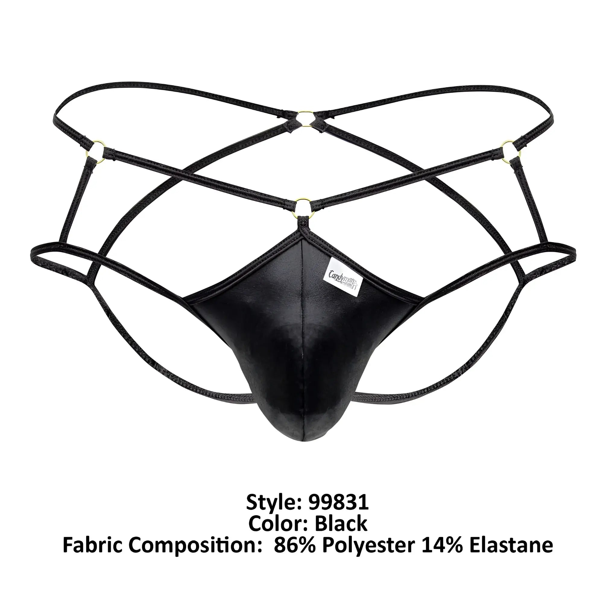 Black leather-like men’s thong jockstrap with crisscrossing elastic straps and central panel candyMan 99831 cage