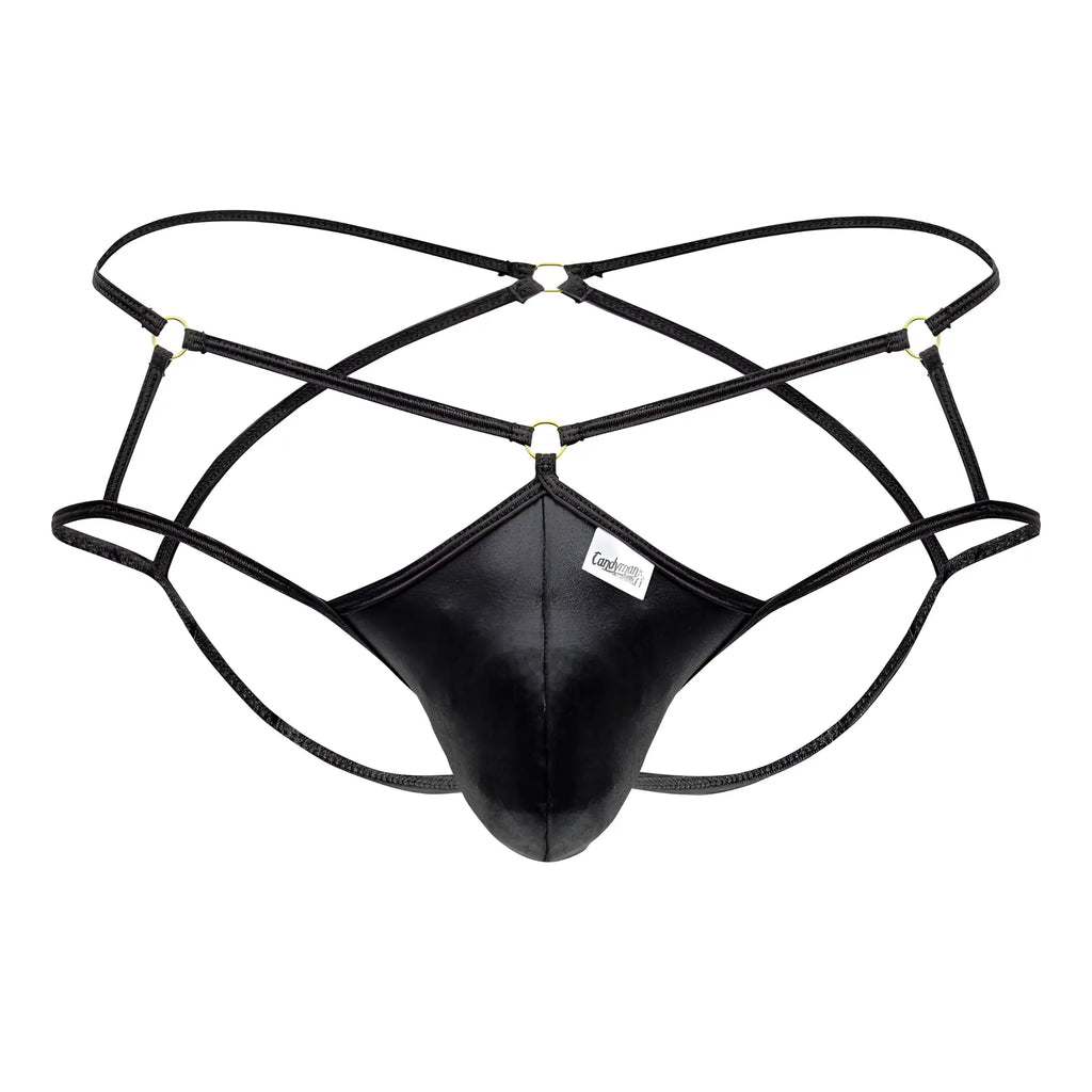 Black leather-like men’s thong cage jockstrap with crisscrossing straps and metallic hardware by candyman
