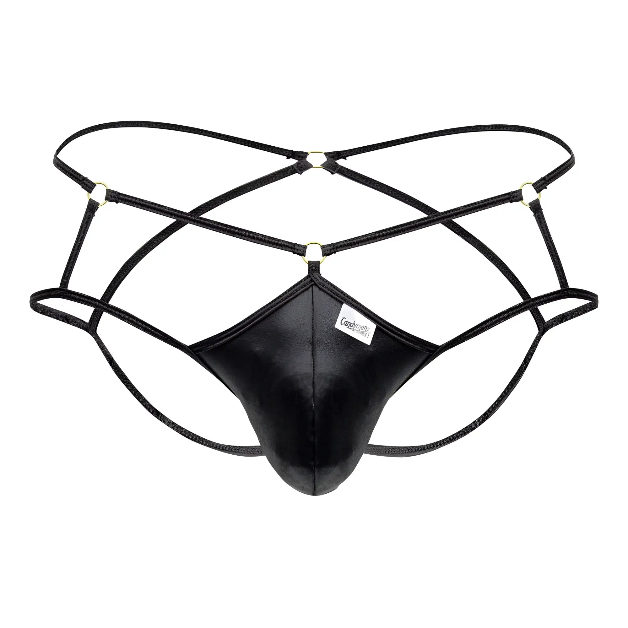 Black leather-like men’s thong cage jockstrap with crisscrossing straps and metallic hardware by candyman