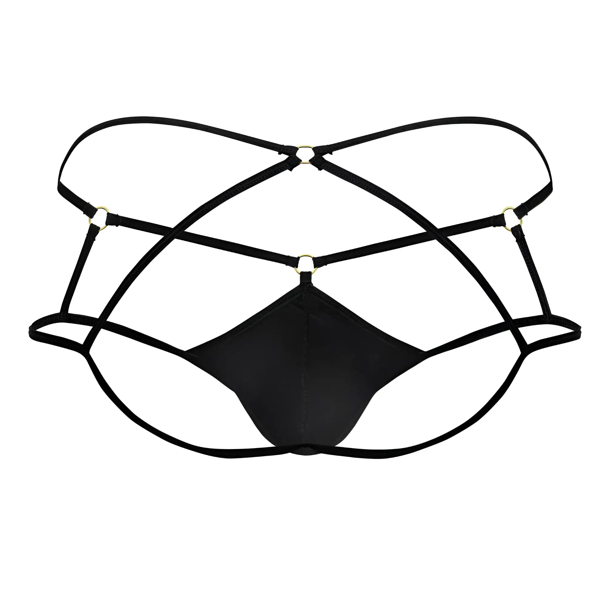 Black satin-like candy man 99831 cage jockstrap with crisscross elastic straps and gold-toned metal clasps