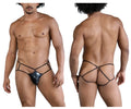 Back view of candyman 99831 cage jockstrap in black shiny latex with black elastic crisscross straps design