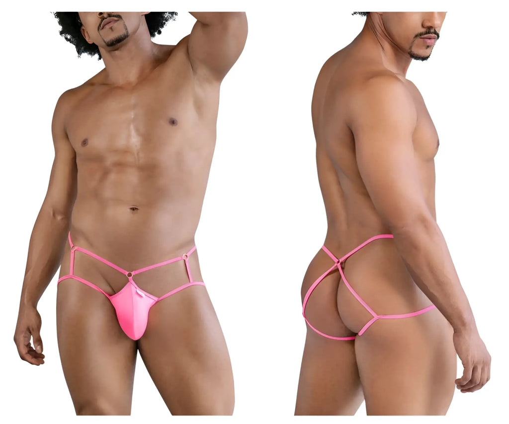 Bright pink sheer mesh candyMan 99831 cage jockstrap with crisscross back straps and front panel shown from the back