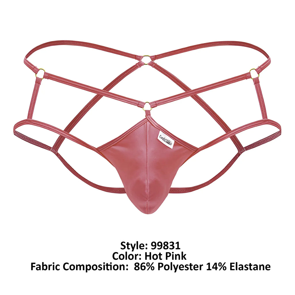 Hot pink CandyMan 99831 cage jockstrap thong made of 86% polyester and 14% elastane with lace-up detail