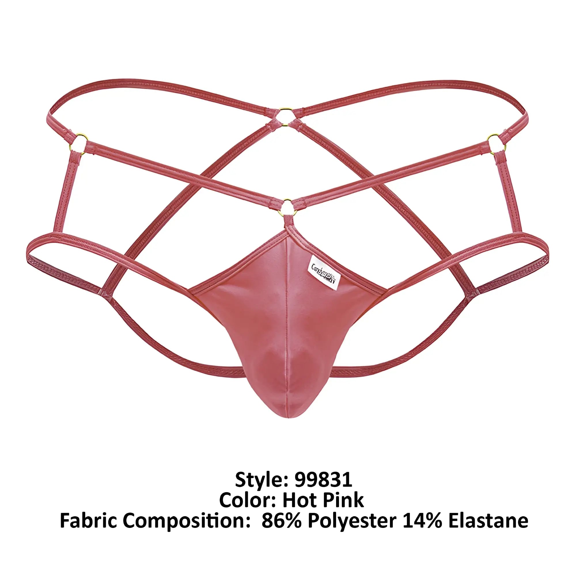 Hot pink CandyMan 99831 cage jockstrap thong made of 86% polyester and 14% elastane with lace-up detail