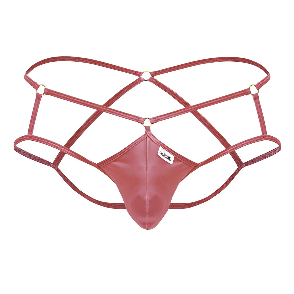 Candyman 99831 cage jockstrap in hot pink red patent leather featuring crisscross straps and central panel