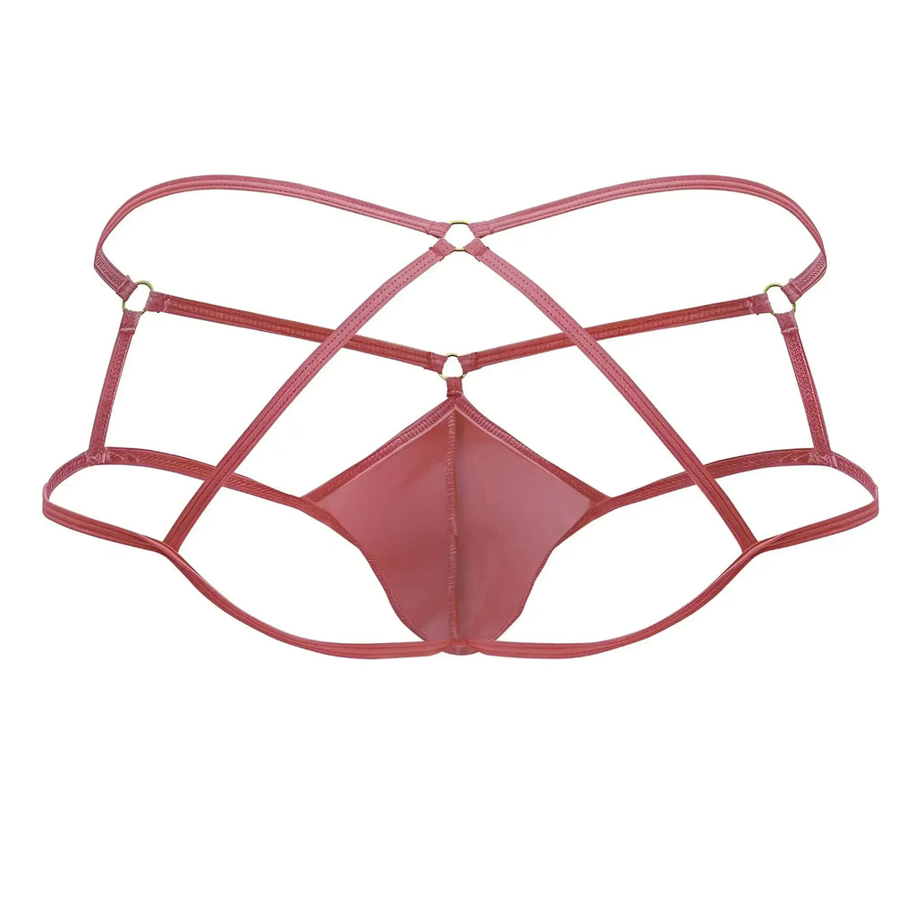 A sleek rose-colored latex thong with crisscross strap design candyMan 99831 cage jockstrap hot pink