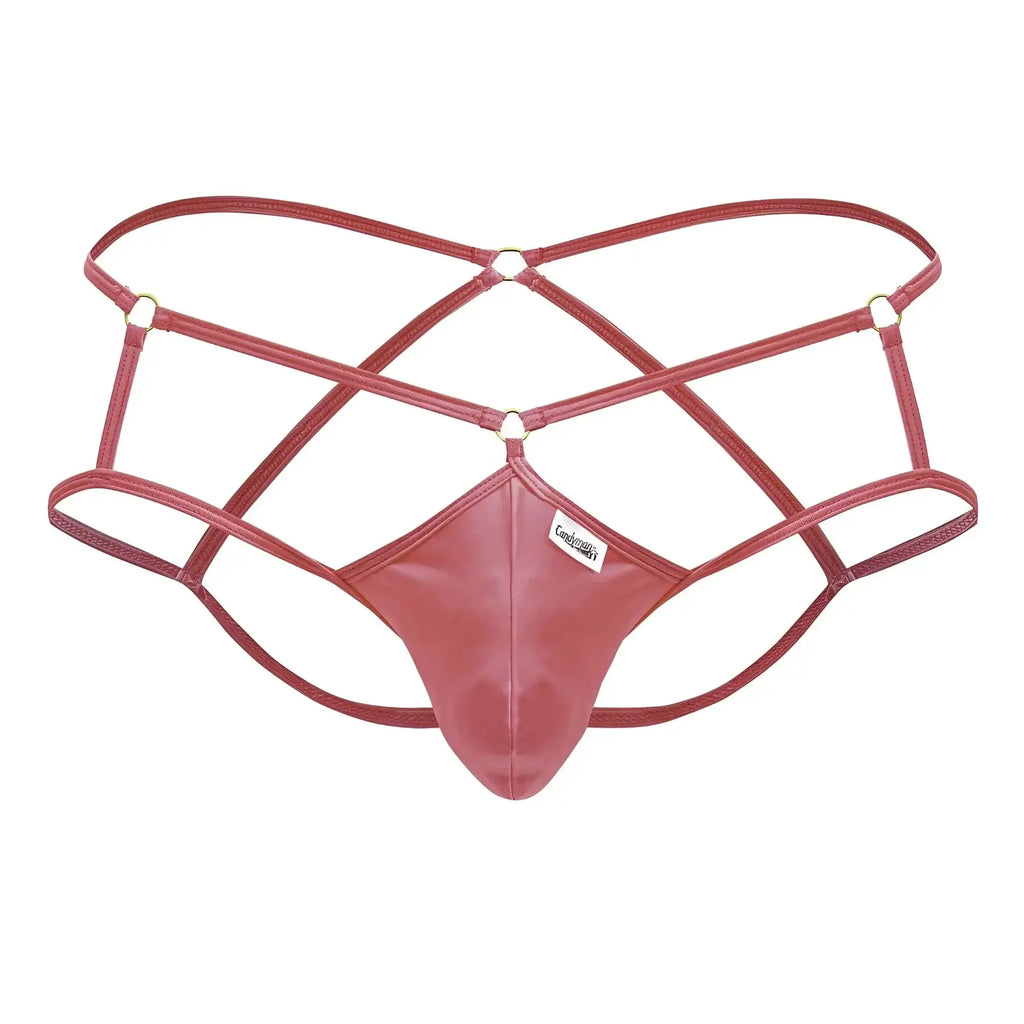 Candyman 99831 cage jockstrap in hot pink red patent leather featuring crisscross straps and central panel