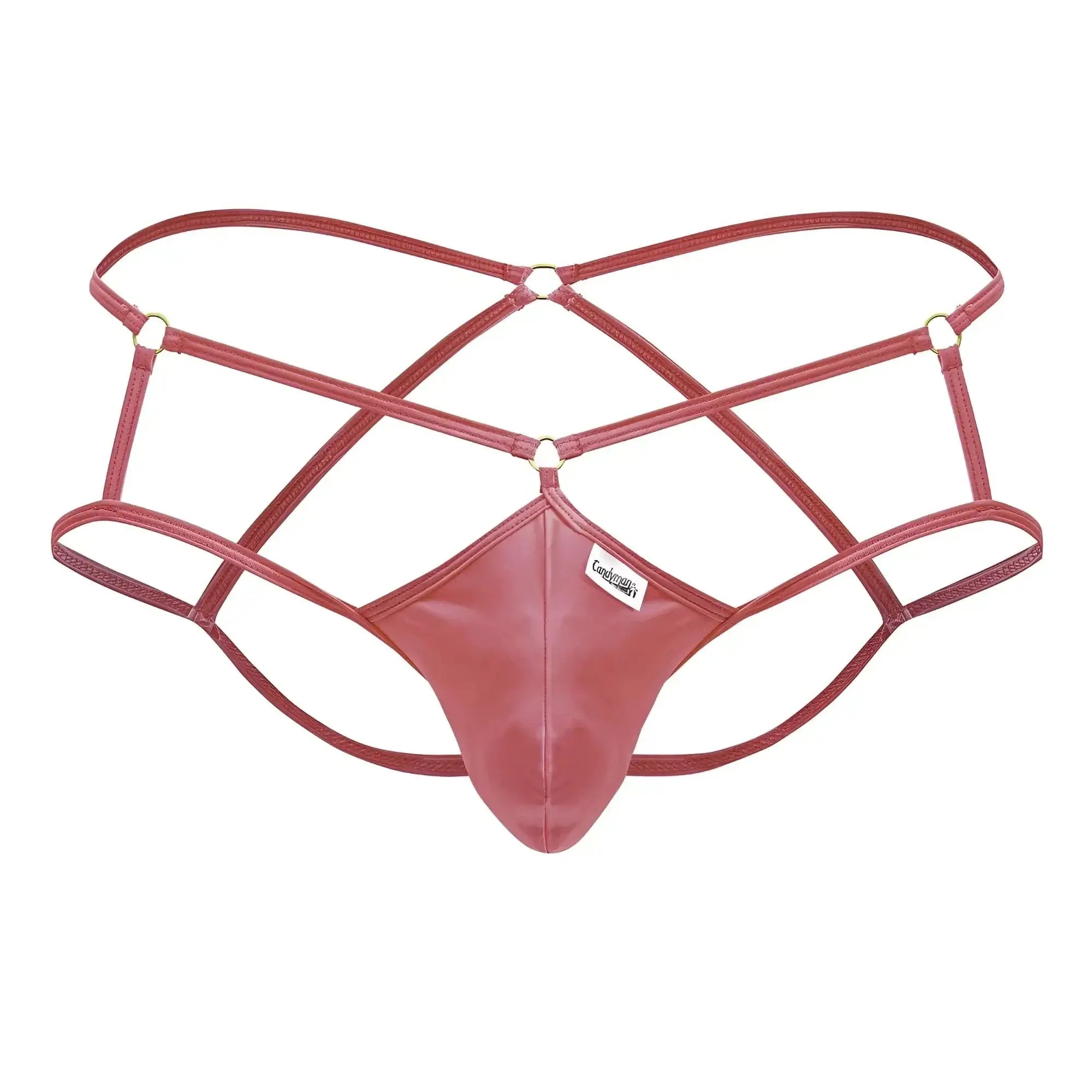Candyman 99831 cage jockstrap in hot pink red patent leather featuring crisscross straps and central panel