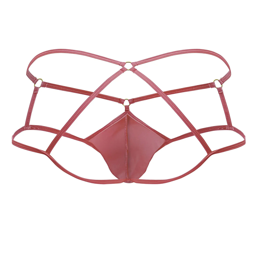 A sleek rose-colored latex thong with crisscross strap design candyMan 99831 cage jockstrap hot pink