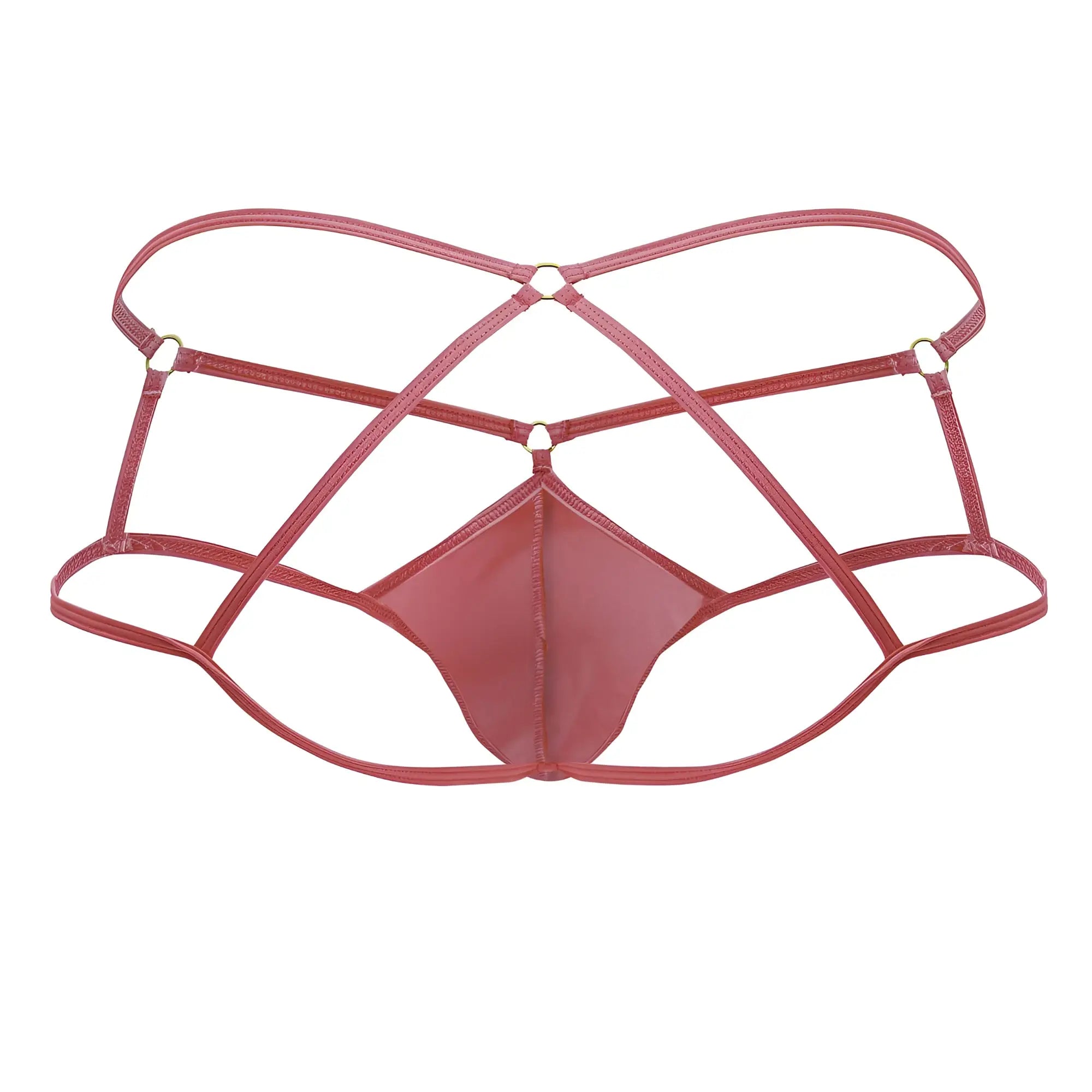 A sleek rose-colored latex thong with crisscross strap design candyMan 99831 cage jockstrap hot pink