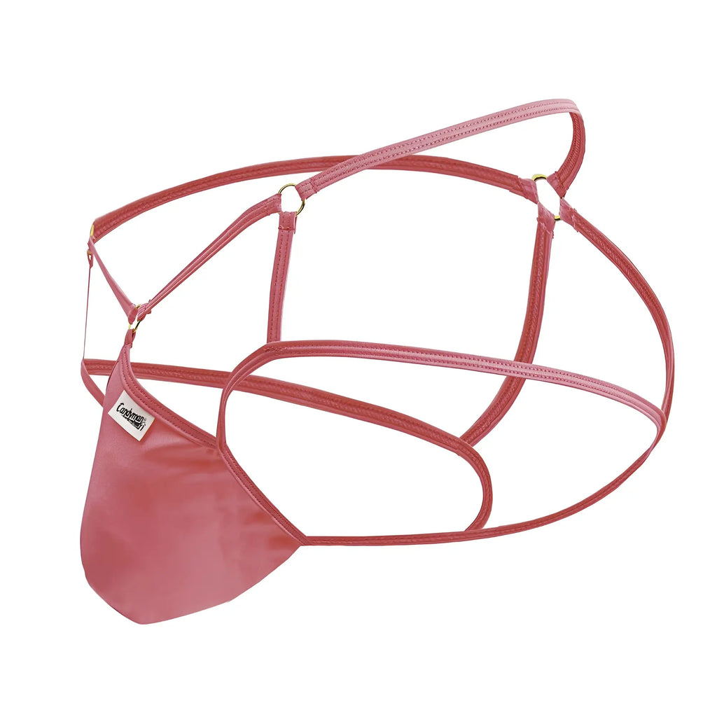Candyman 99831 cage jockstrap in hot pink with sleek rose-colored leather-like material and adjustable straps