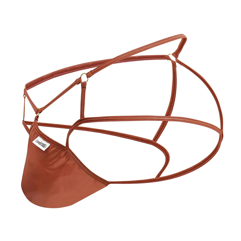 Brown leather-like strappy men’s thong with central pouch and crisscrossing straps candy man 99831 red cage jockstrap