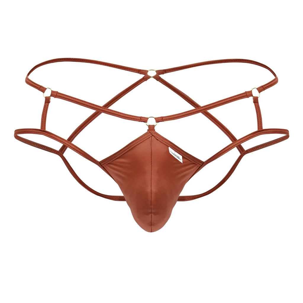 Brown satin-like fabric thong with crisscross straps and metallic rings from candyman 99831 cage jockstrap red