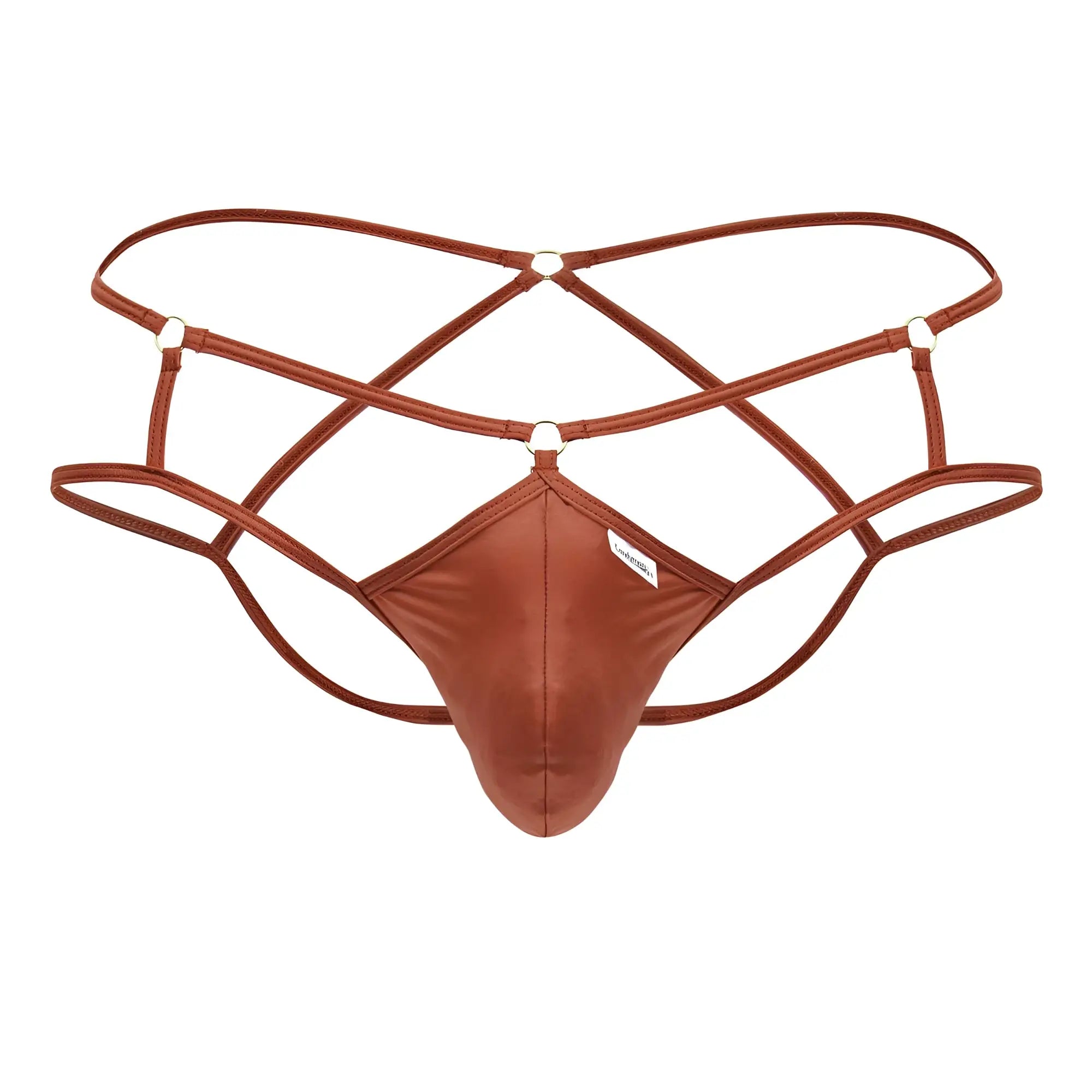 Brown satin-like fabric thong with crisscross straps and metallic rings from candyman 99831 cage jockstrap red