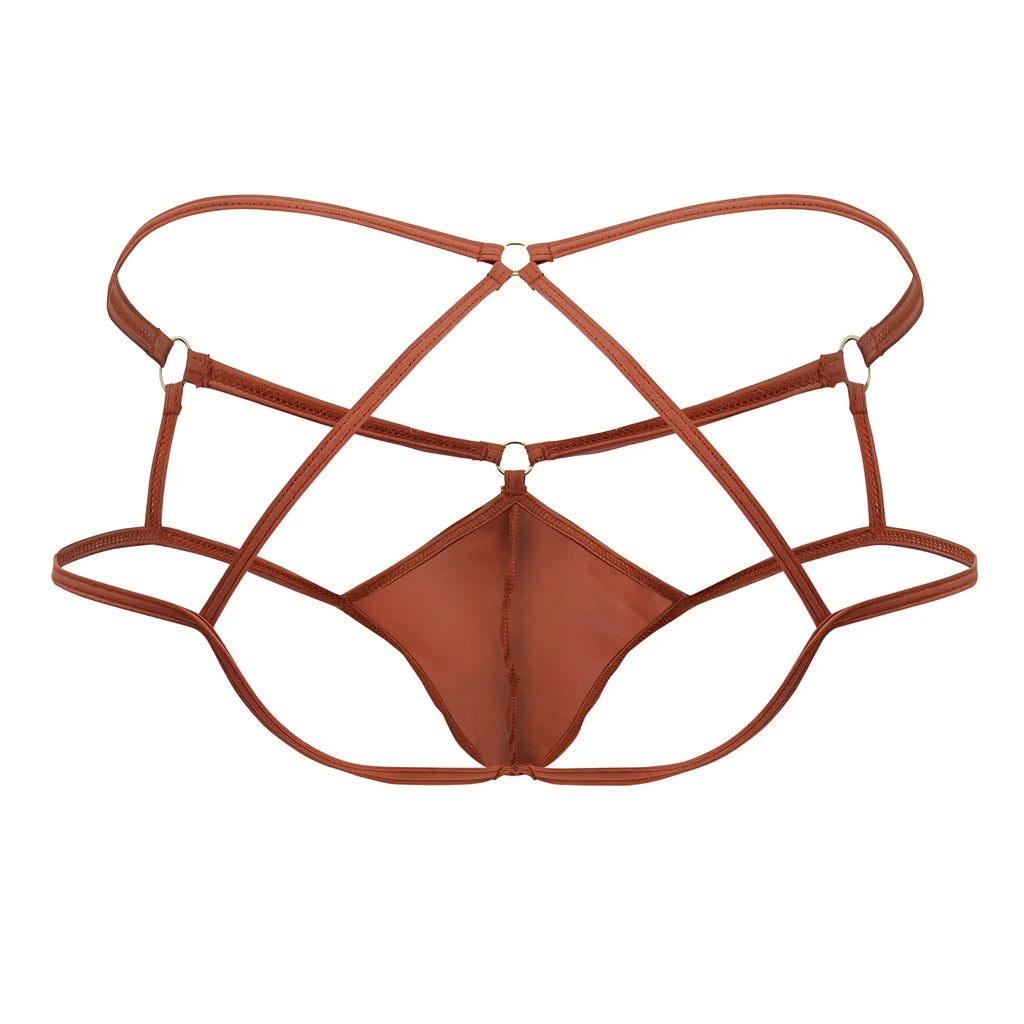 Brown strappy lace-up thong with crisscross design and metallic hardware in candyman 99831 cage jockstrap red