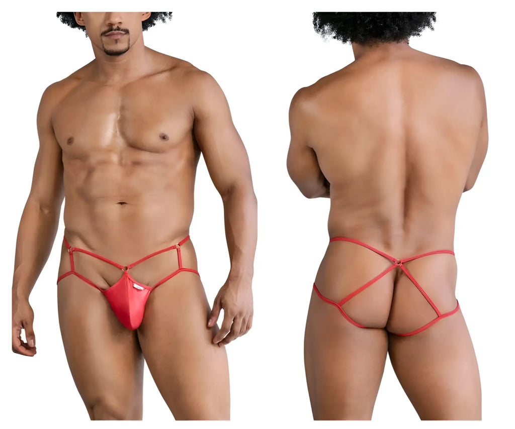Candyman 99831 cage jockstrap in red shiny latex with crisscross design and back strap shown from the back side