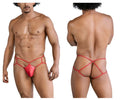 Candyman 99831 cage jockstrap in red shiny latex with crisscross design and back strap shown from the back side