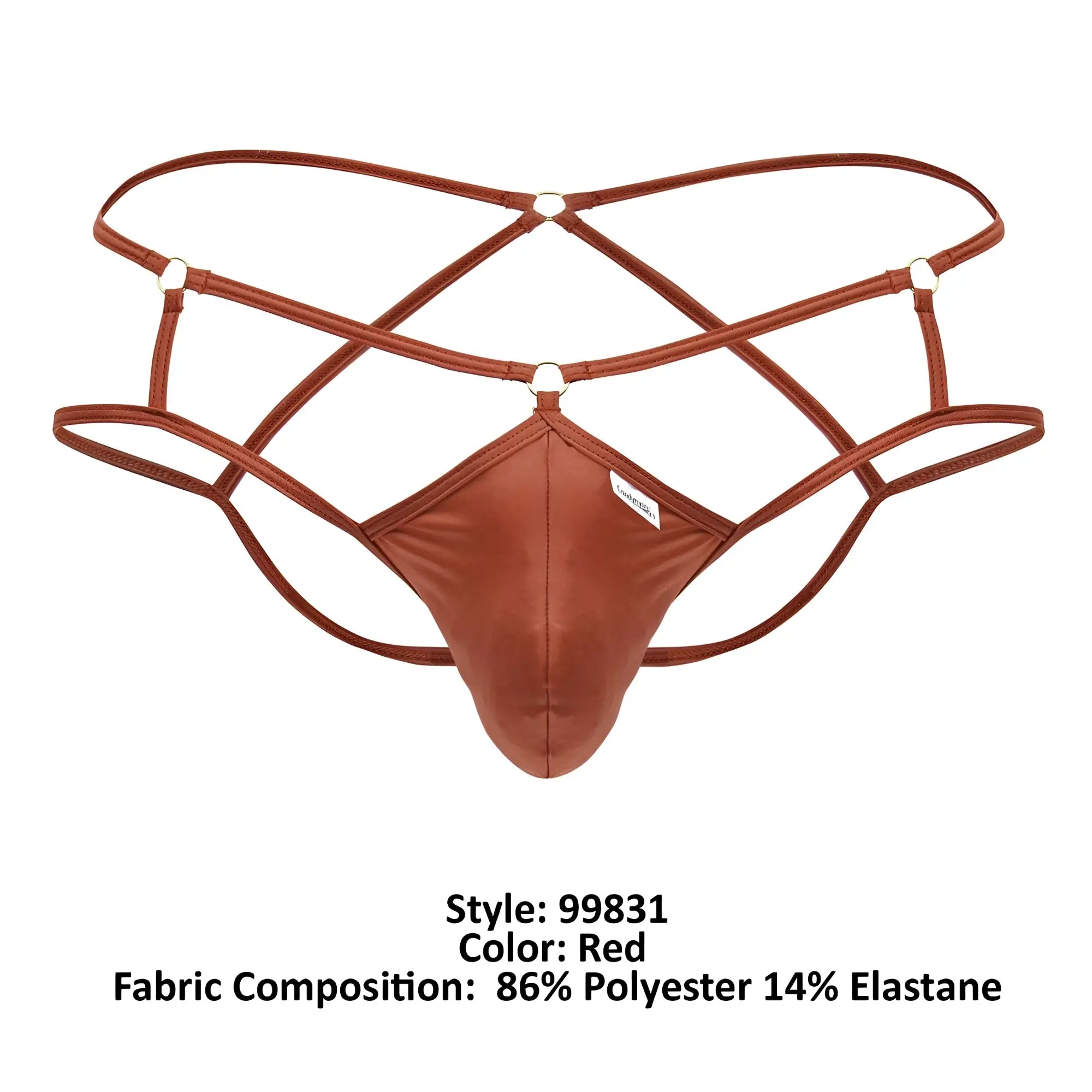 Red candyman 99831 cage jockstrap thong with a sleek crisscross design made of 86 percent polyester 14 percent elastane