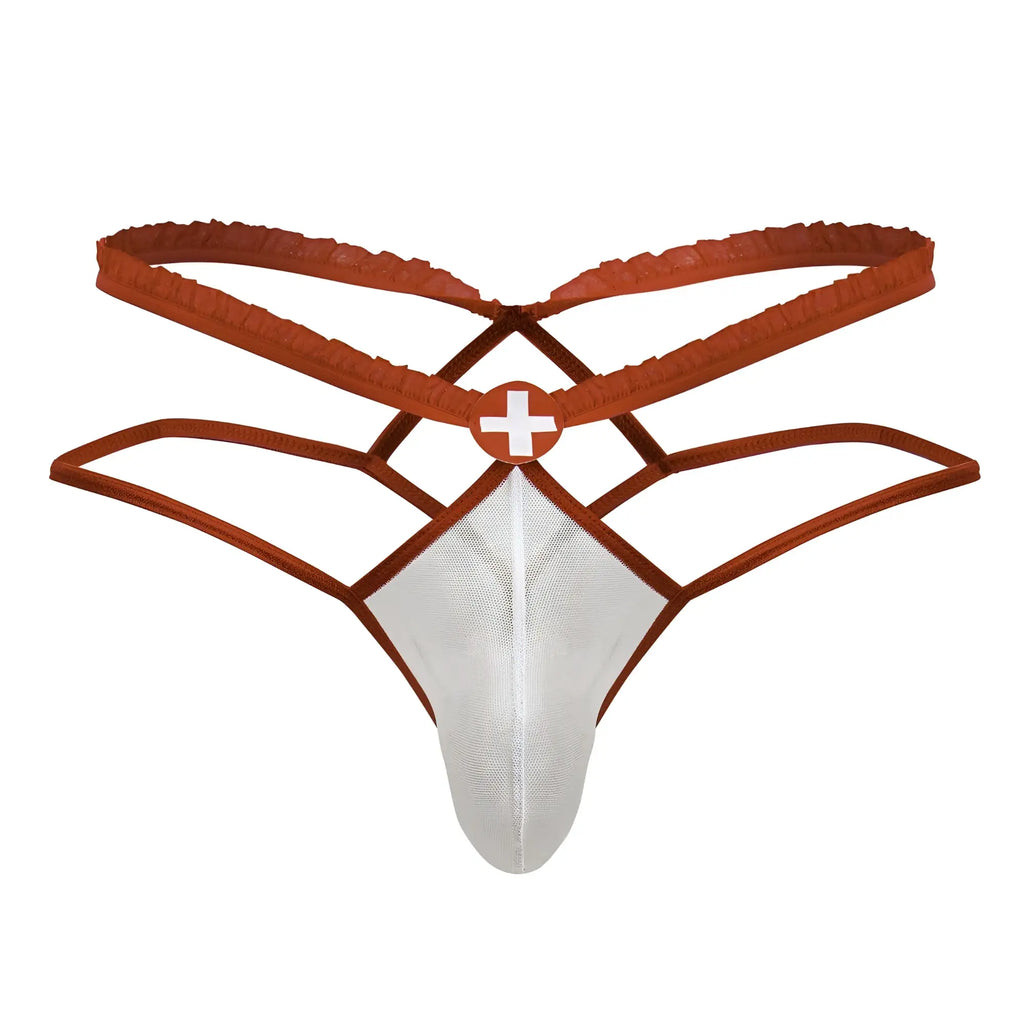 Brown and white medical-themed candyMan 99833 murse thong with mesh front panel and crisscross back straps shown from back