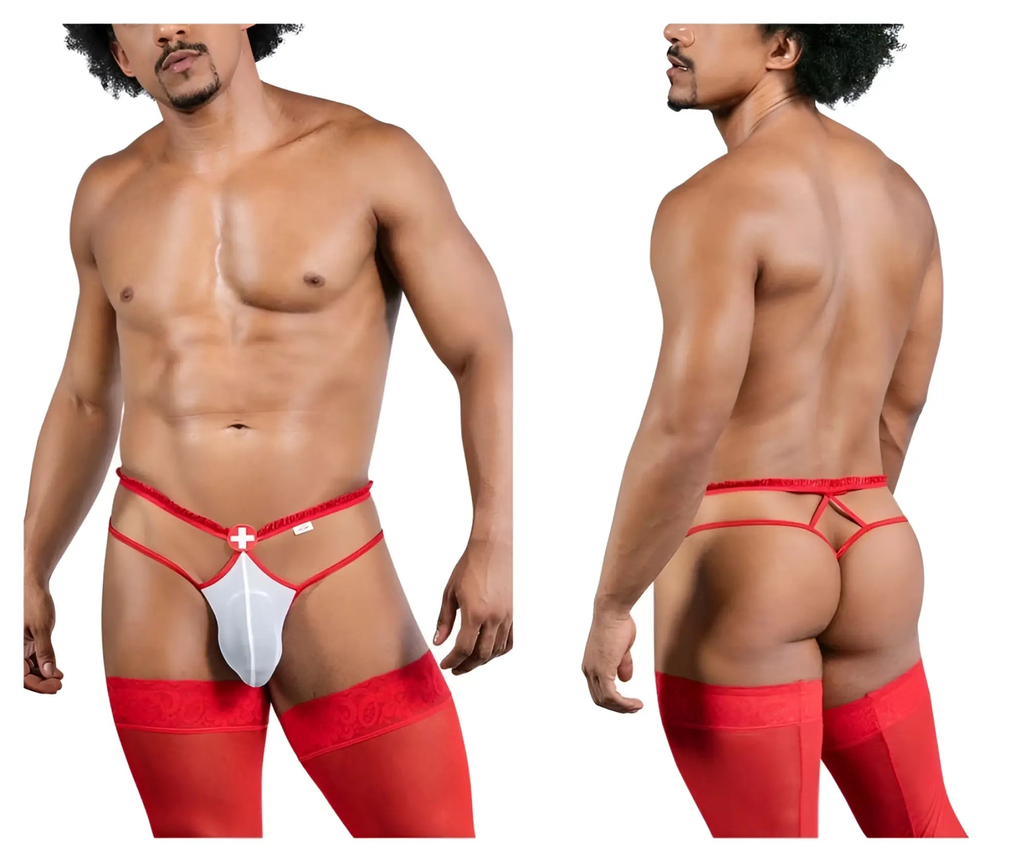 Red and white lace-trimmed men’s thong with central cross design candyMan 99833 murse thong front view