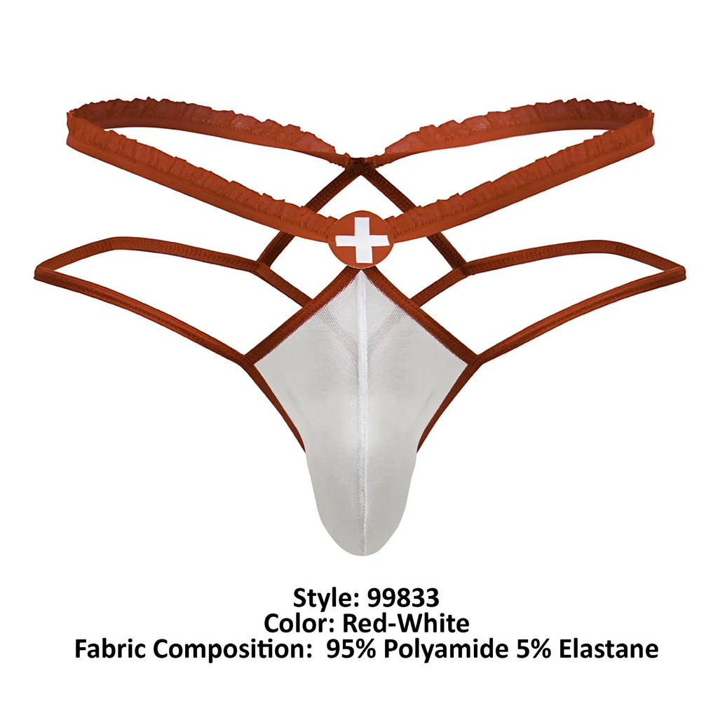 Red and white CandyMan 99833 murse thong with lace trim and crisscross design for medical use shown from the back