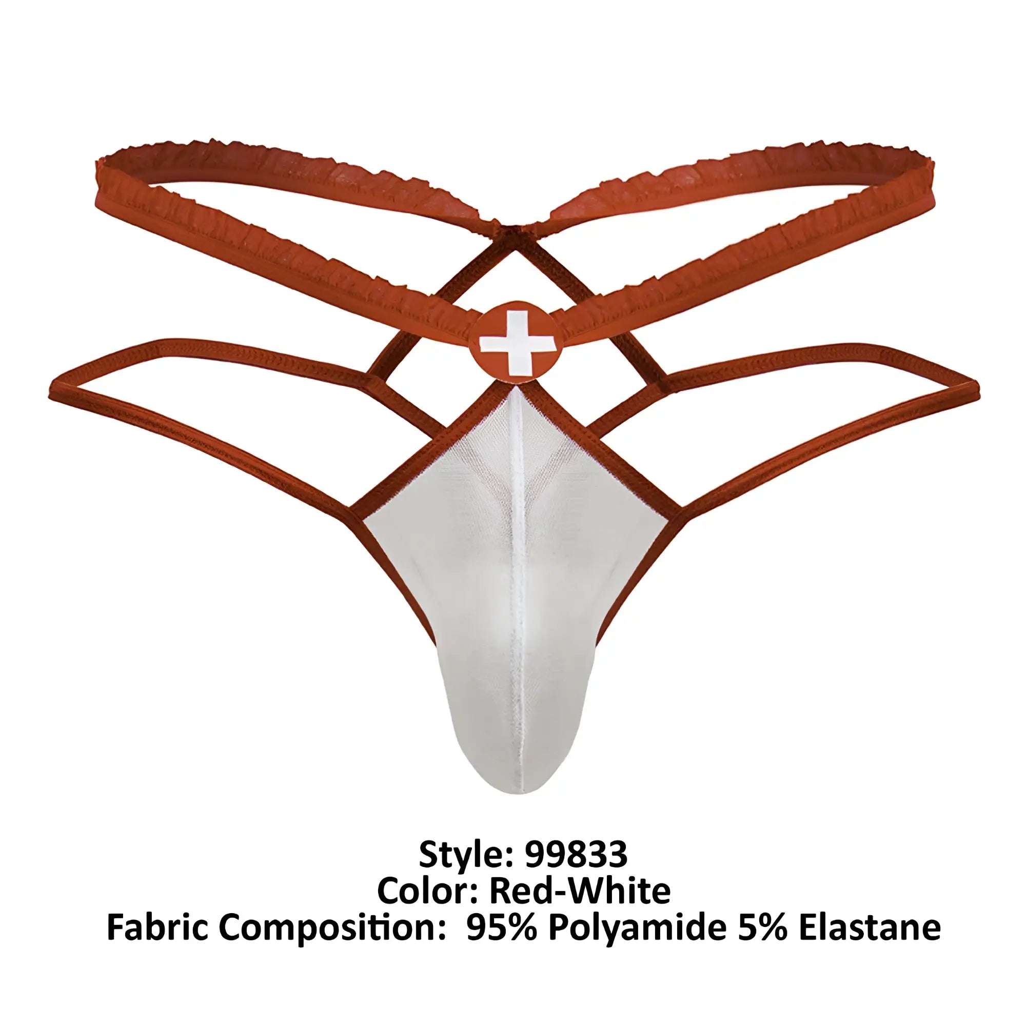 Red and white CandyMan 99833 murse thong with lace trim and crisscross design for medical use shown from the back