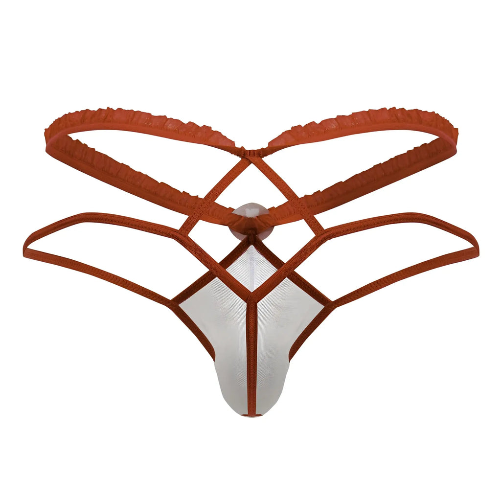 A CandyMan 99833 murse thong in red-white with white mesh, rust-colored elastic straps, and a central circular clasp