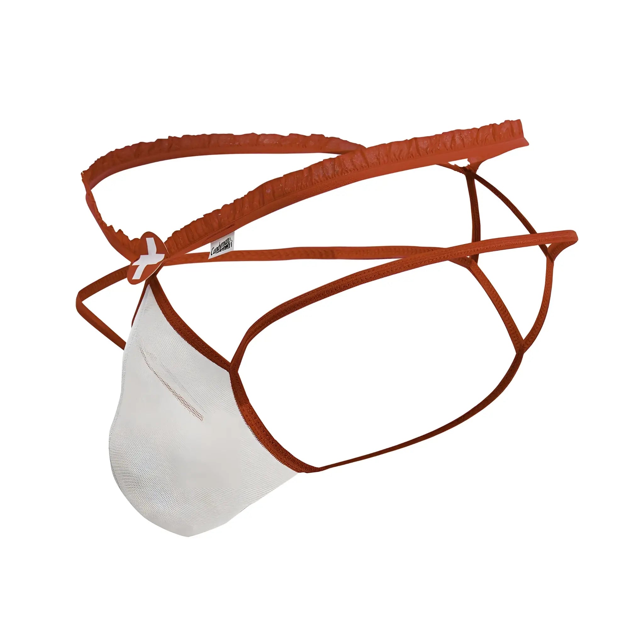 Orange and white mesh thong with elastic straps from Candyman 99833 Murse Thongs color red-white shown from the back