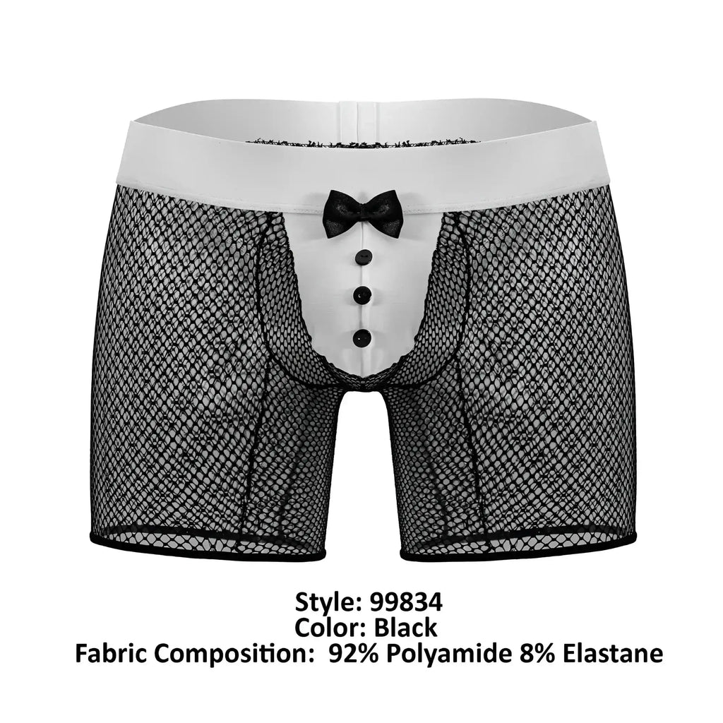 Black mesh boxer briefs with white waistband, three black buttons, and bow tie front from Candyman 99834 tuxedo trunks
