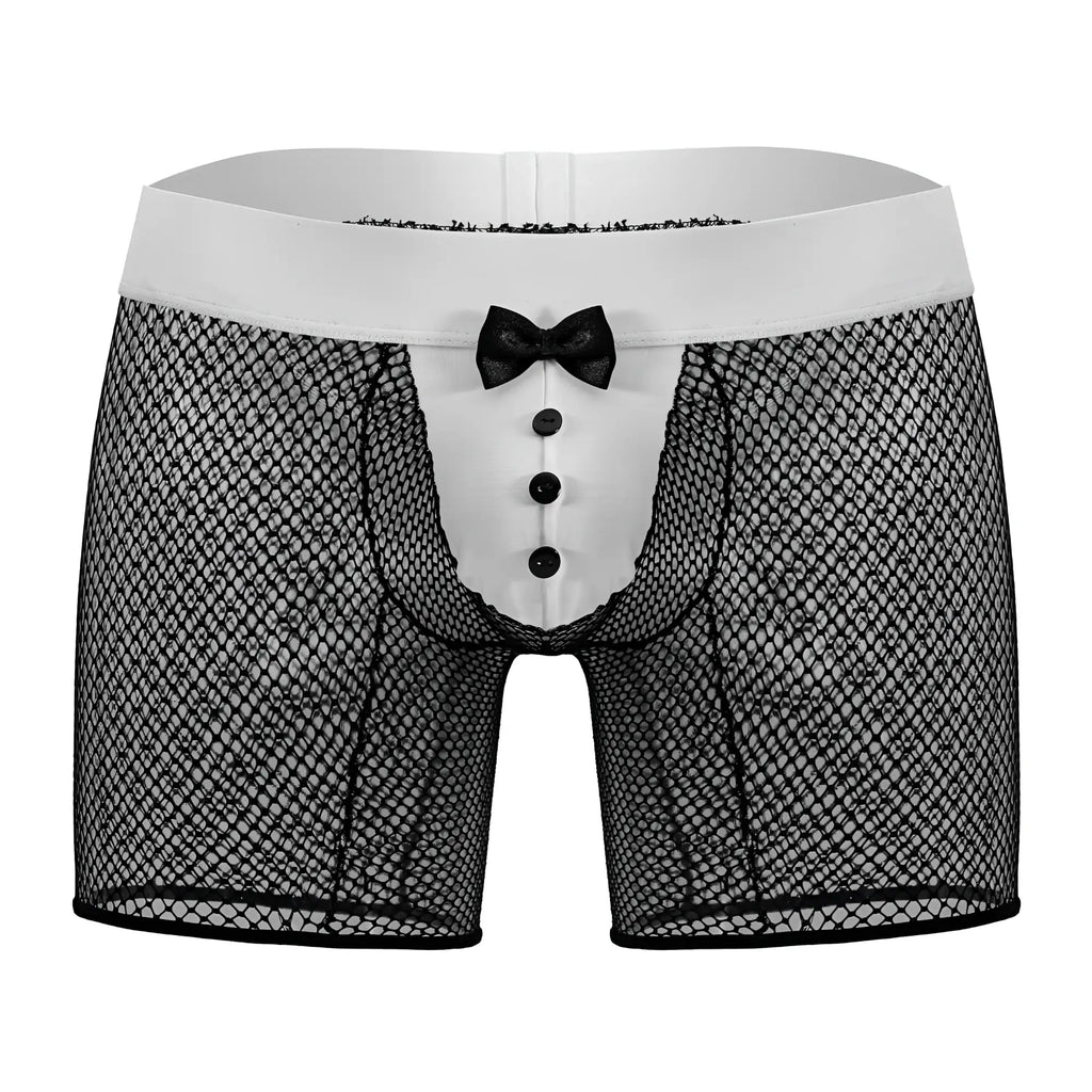 CandyMan 99834 tuxedo trunks black mesh boxer briefs with white front panel three black buttons and small bow tie