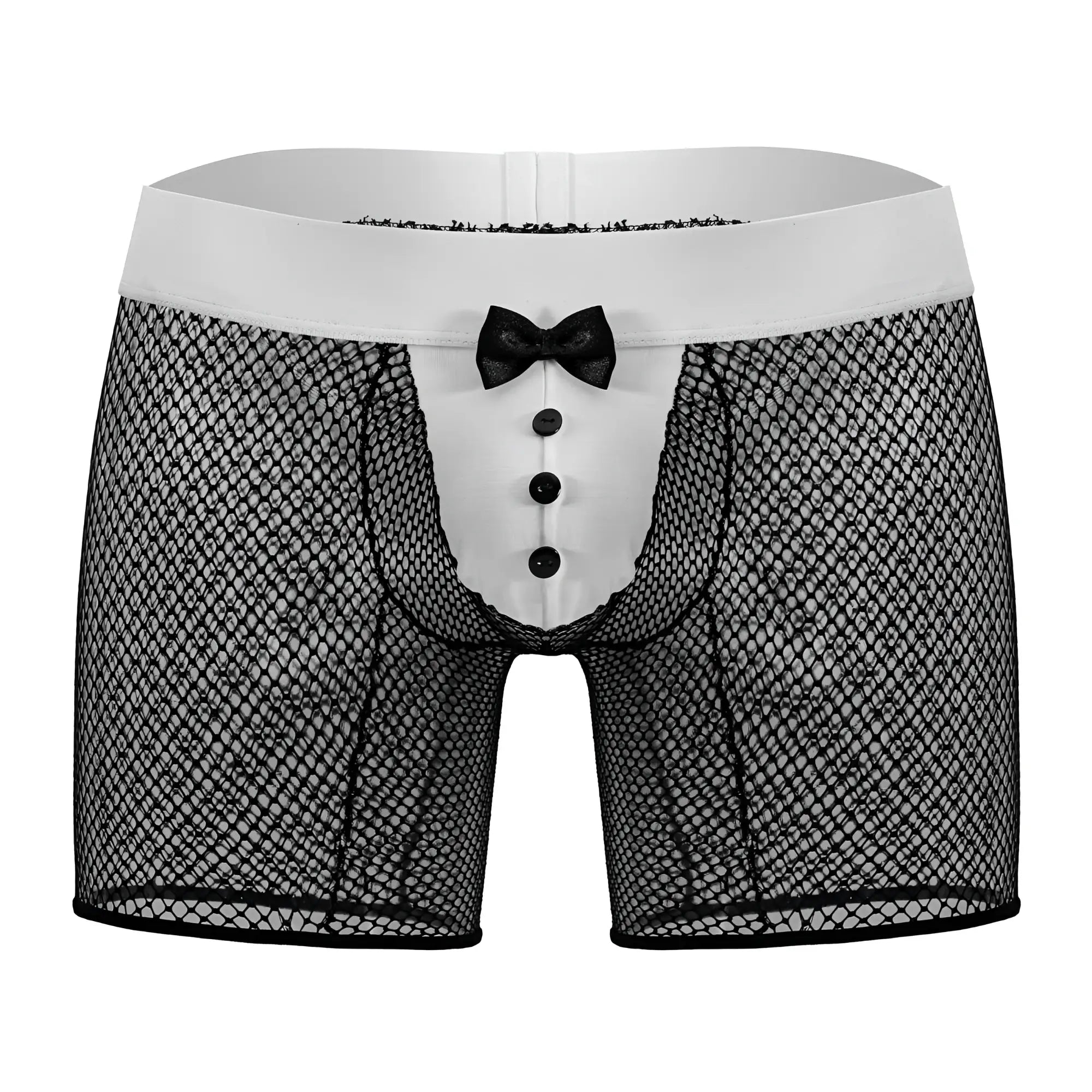 CandyMan 99834 tuxedo trunks black mesh boxer briefs with white front panel three black buttons and small bow tie