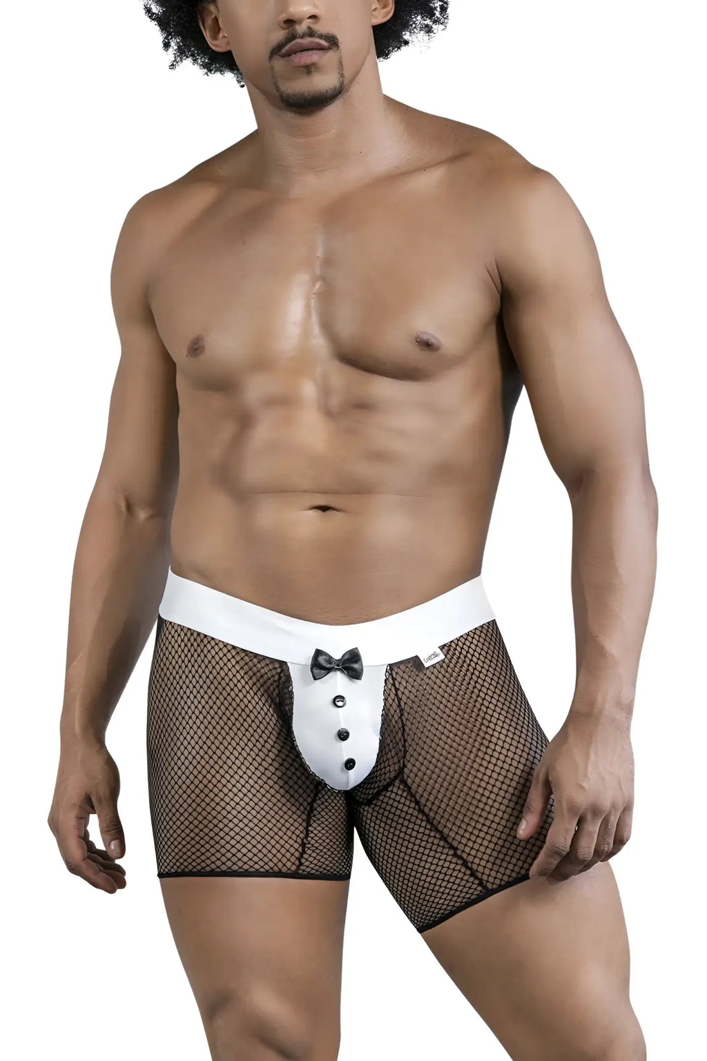 Candyman 99834 tuxedo trunks black mesh boxer briefs with white tuxedo front panel buttons and bow tie detail