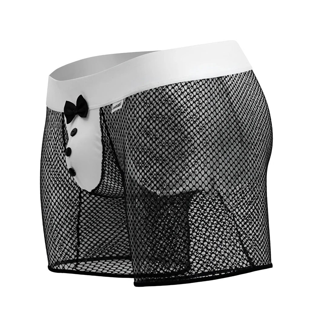 CandyMan 99834 tuxedo trunks black mesh boxer briefs with white waistband black bow tie and button detail on front