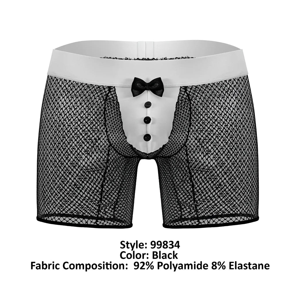 Black mesh boxer briefs with white waistband, three black buttons, and bow tie front from Candyman 99834 tuxedo trunks
