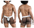 Black mesh briefs CandyMan 99834 tuxedo trunks with white waistband and front button detail in black color