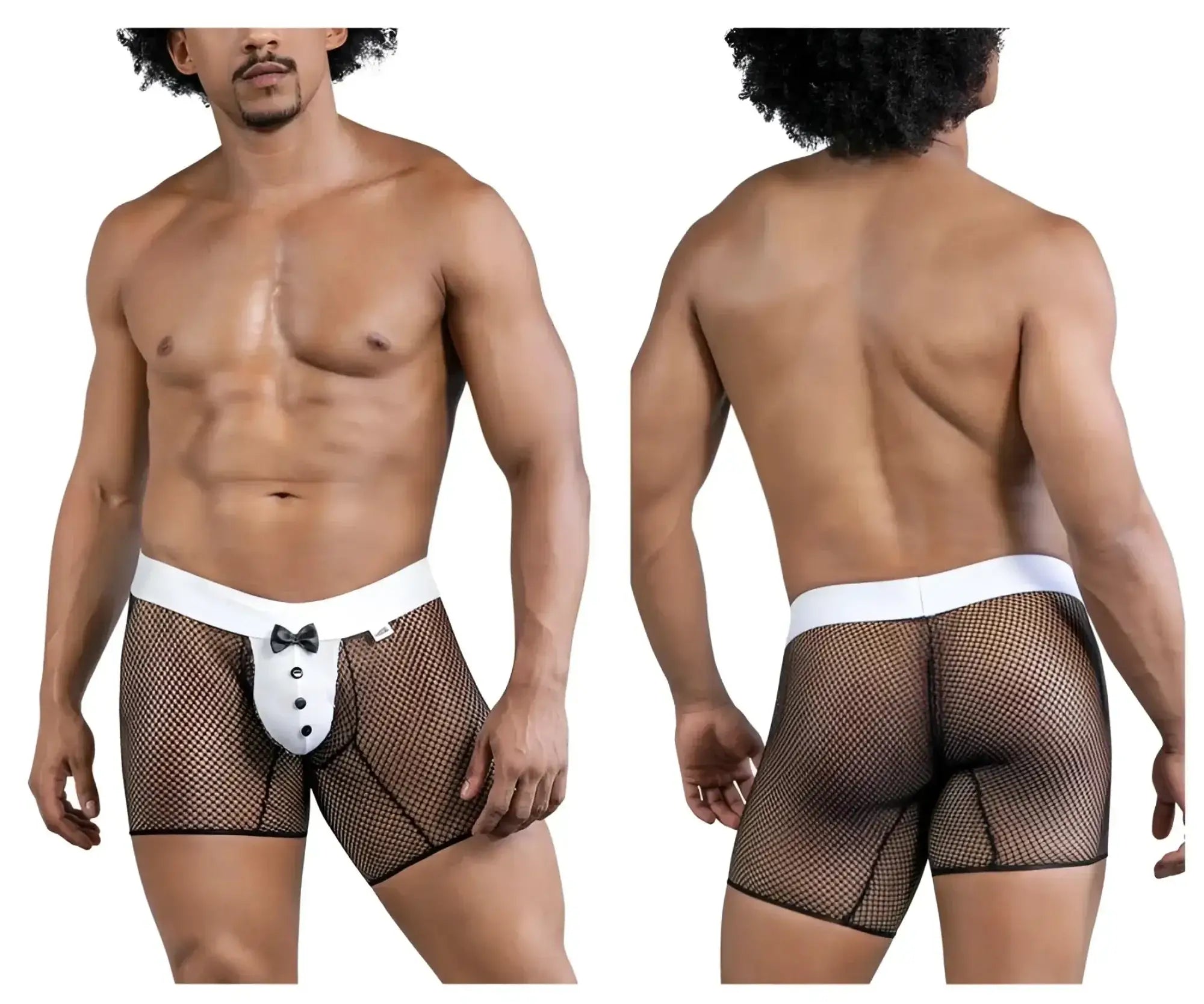 Black mesh briefs CandyMan 99834 tuxedo trunks with white waistband and front button detail in black color