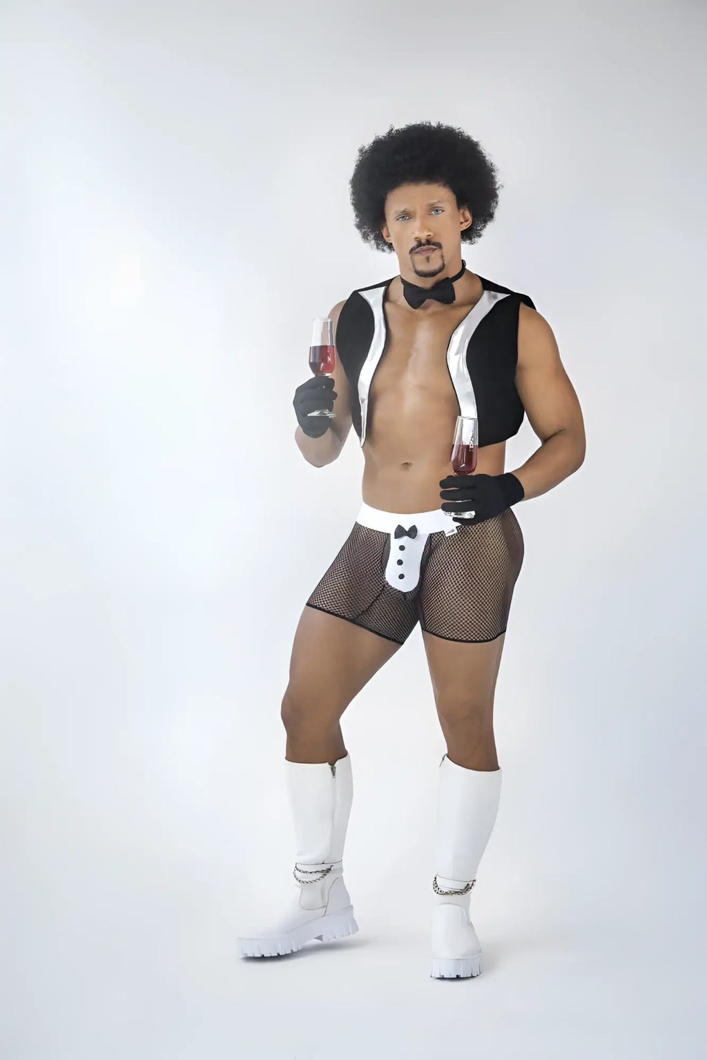 CandyMan 99834 tuxedo trunks in black feature a black and white mesh material with bow tie detail for costume wear