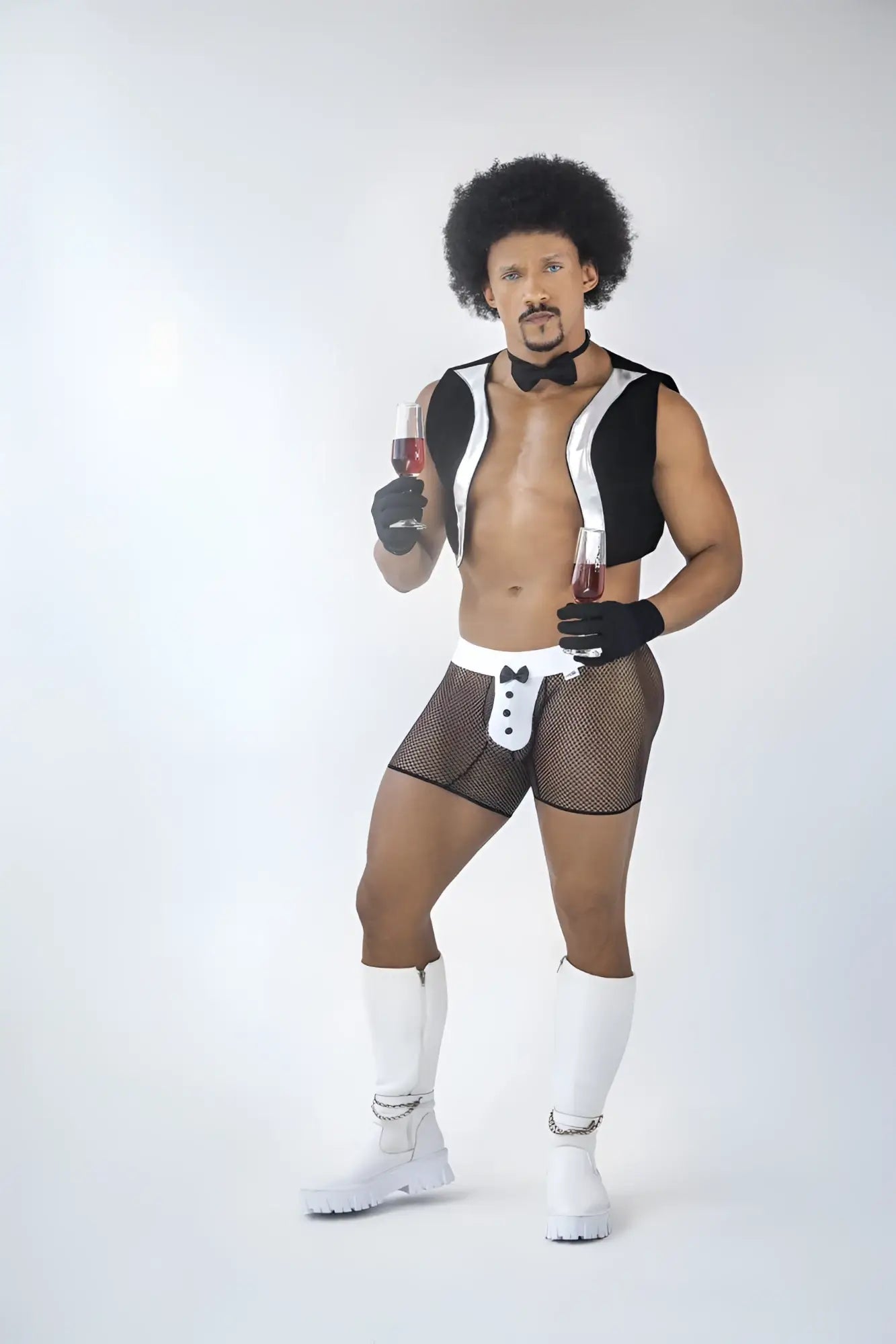 CandyMan 99834 tuxedo trunks in black feature a black and white mesh material with bow tie detail for costume wear