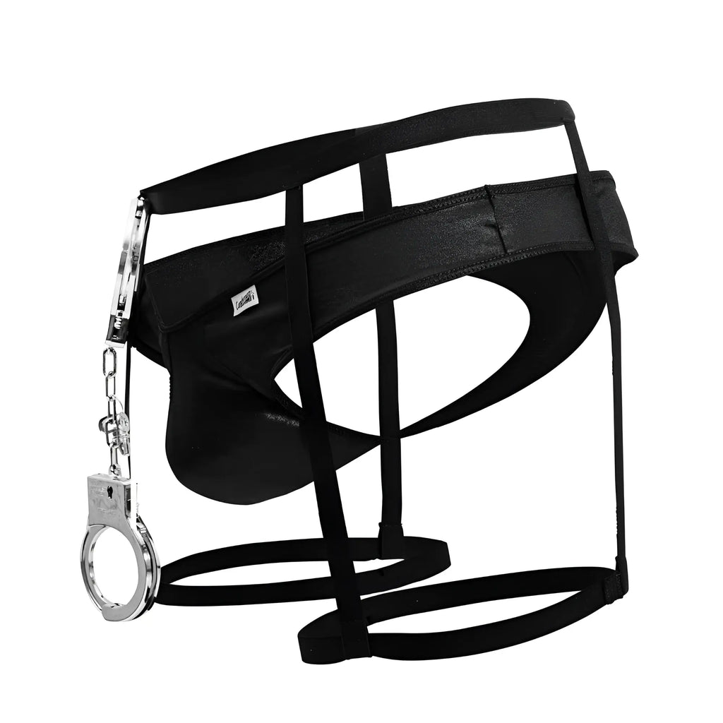 Black leather-like police harness with silver handcuff attached side candyMan 99835 police outfit accessory