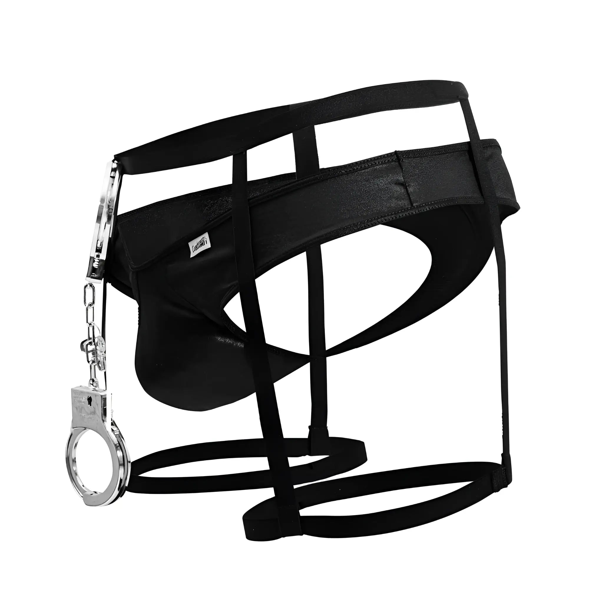 Black leather-like police harness with silver handcuff attached side candyMan 99835 police outfit accessory