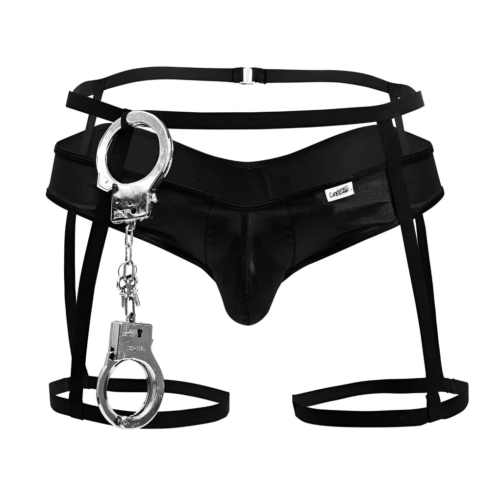 Black leather-like police outfit harness with silver handcuffs dangling from the front candy man 99835