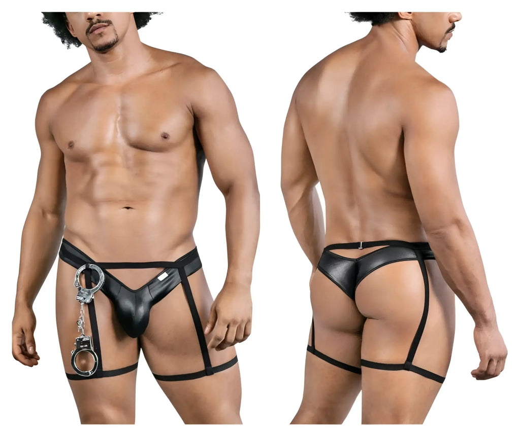 Black leather-like harness-style underwear with attached silver handcuffs from candyman 99835 police outfit
