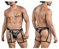 Black leather-like harness-style underwear with attached silver handcuffs from candyman 99835 police outfit